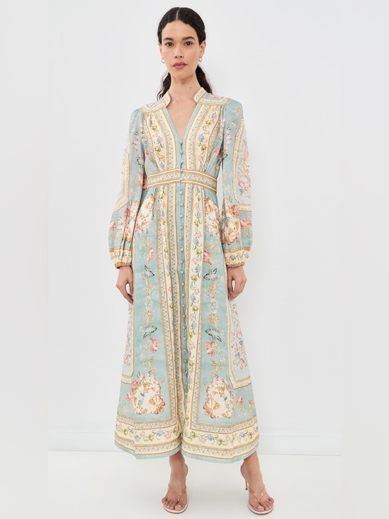 Zimmermann Dresses & Skirts - NWOT Zimmermann Roselight Plunge Linen Midi Dress Blue Floral, Size AU 0/1/2/3